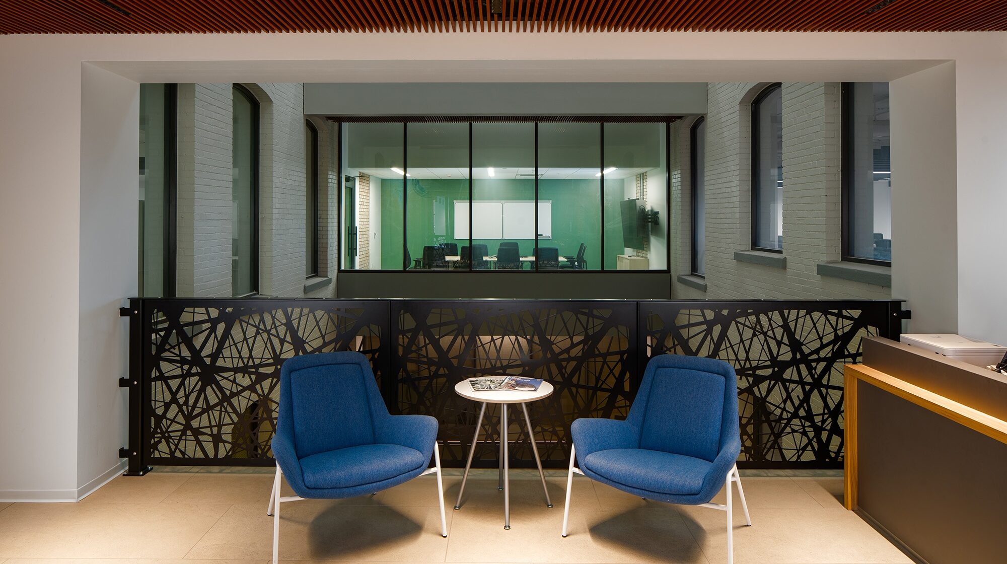 Looking out to the atrium from the main entry to Coffman Engineering’s Spokane office designed by Fusion Architecture