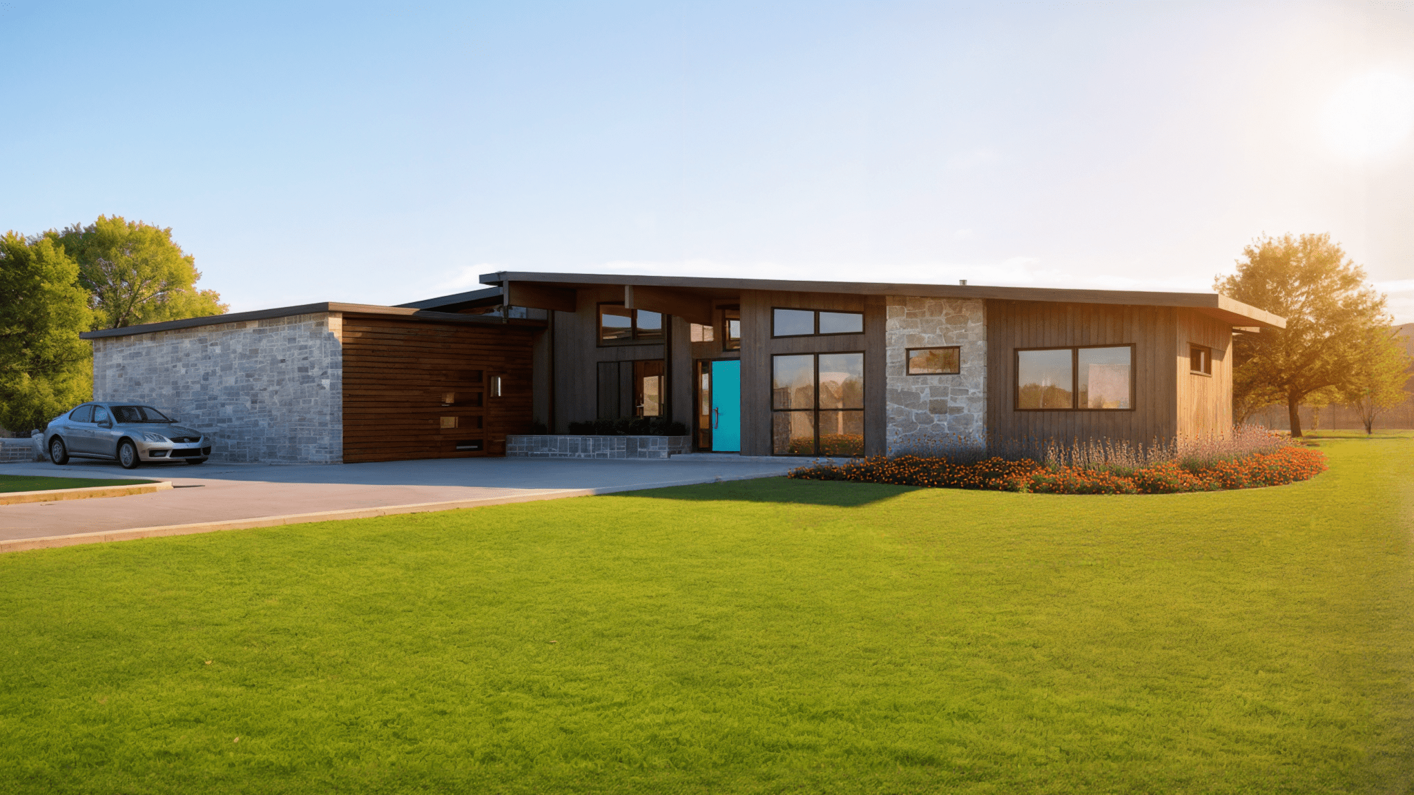 Front elevation of mid-century home with wood siding, large windows, and integrated shading elements